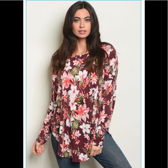 1 left❤️cute floral burgundy top - Picture 2 of 8